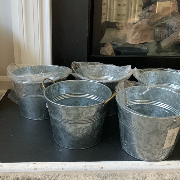 Set of 5 Rustic Decor Vintage Galvanized Metal Bucket planters gold hardware - Picture 1 of 11